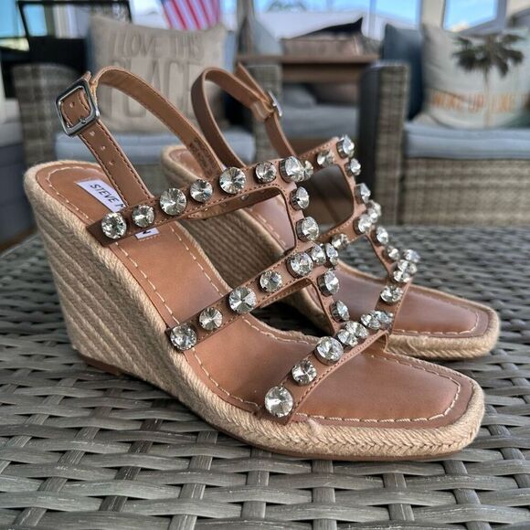 Steve Madden Upright Rhinestone Stud Wedge Sandals Womens 10 Tan‎ New - Picture 5 of 13